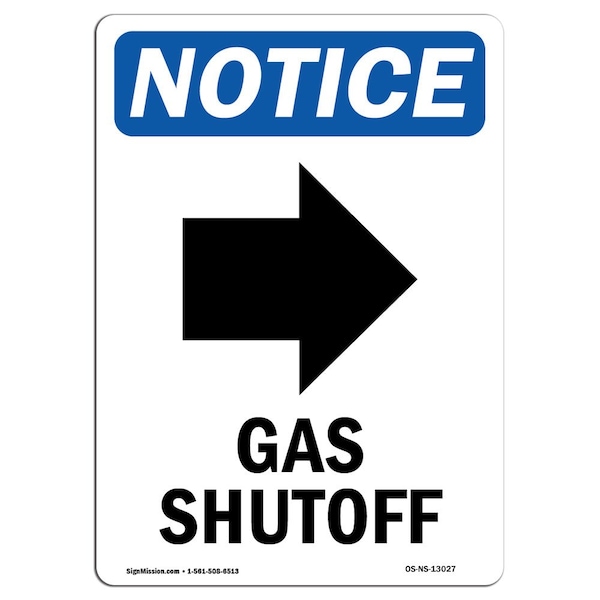 OSHA Notice Sign, 5" H, 3.5" W, Gas Shutoff (Right Arrow) Sign With Symbol, Portrait, 10PK